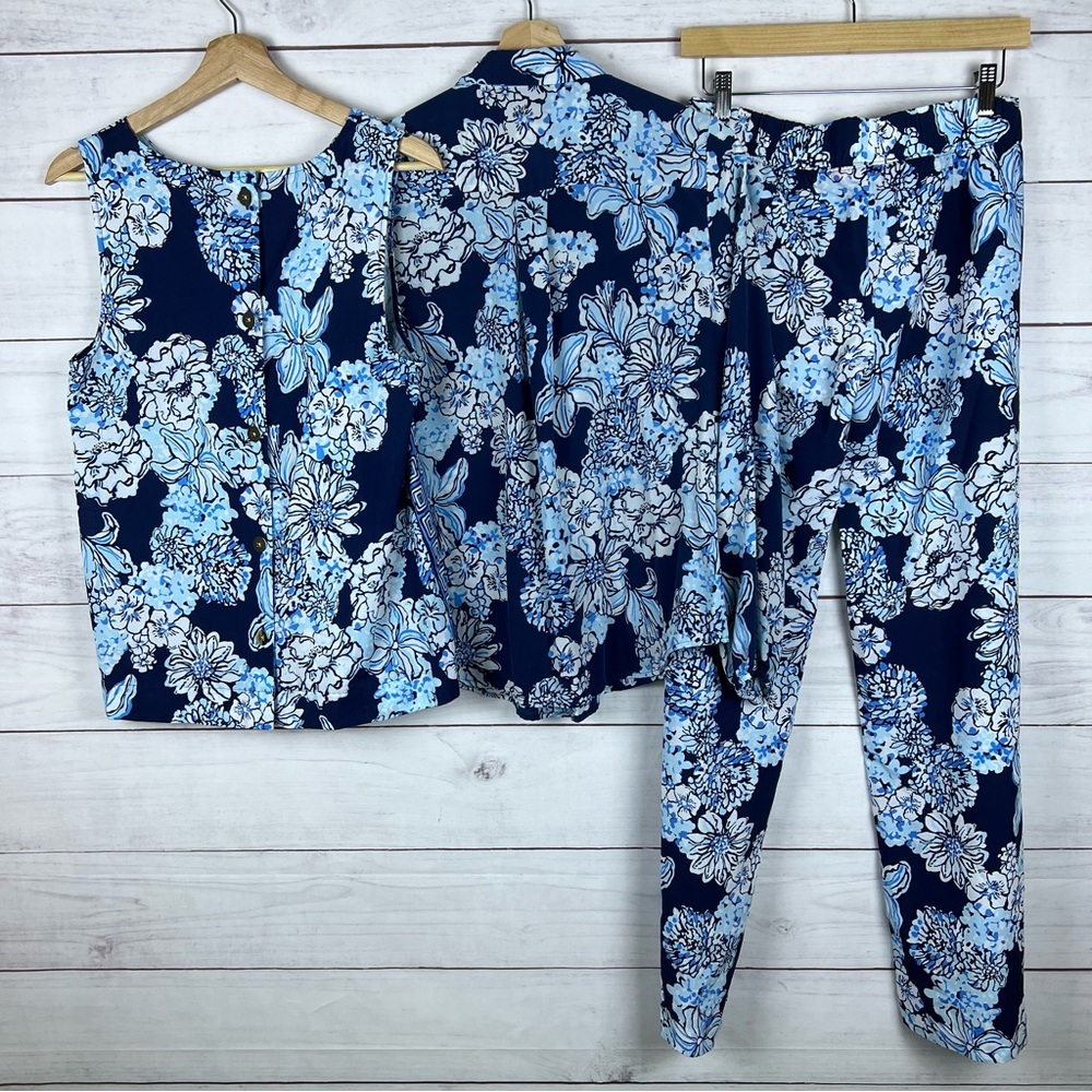 Lilly Pulitzer Tank Top, Button Shirt, Pant Set Low Tide Navy Medium And Small - Picture 2 of 14